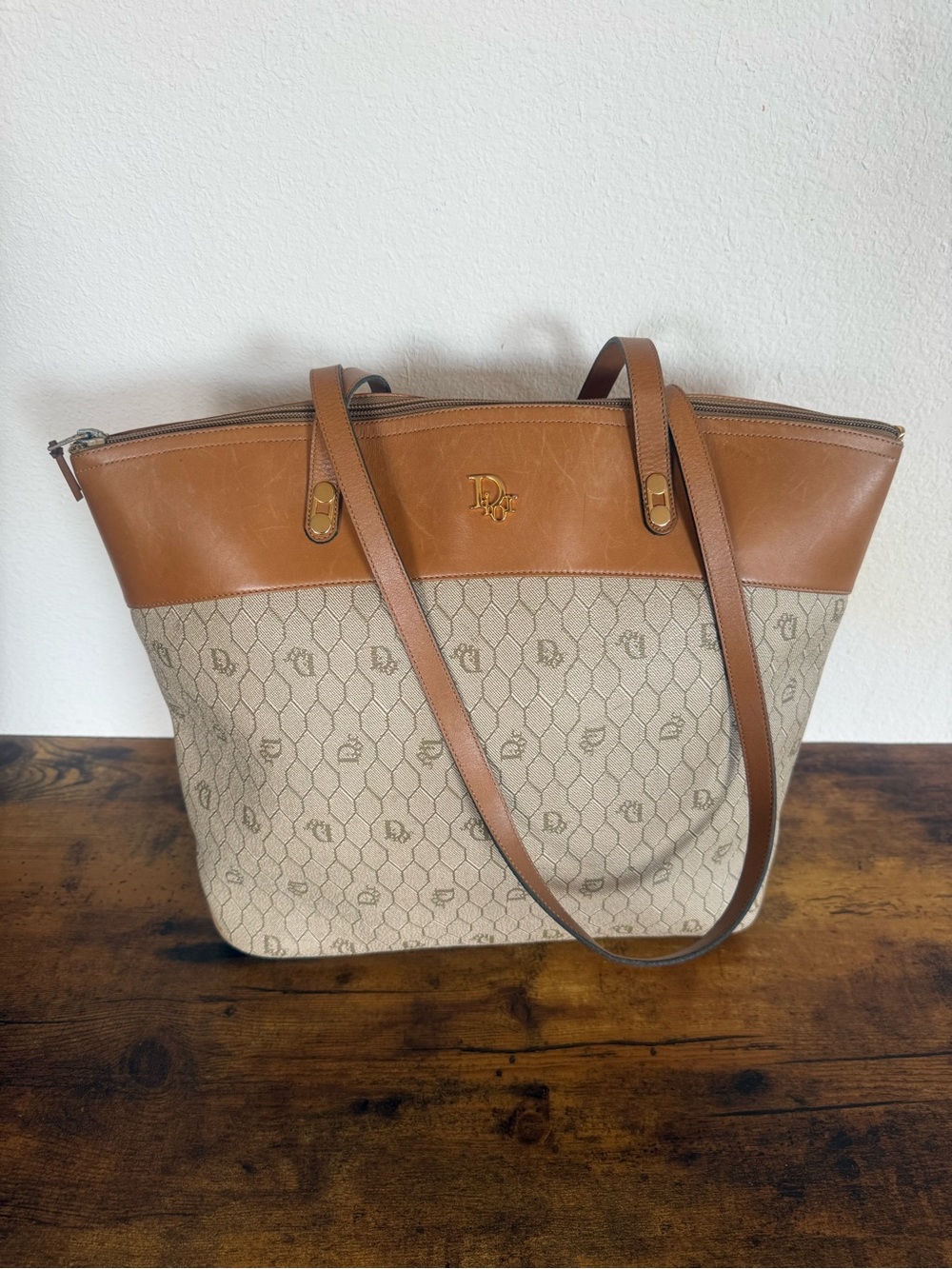 Dior Beige Canvas Tote with Tan Leather Trim and Gold Logo
